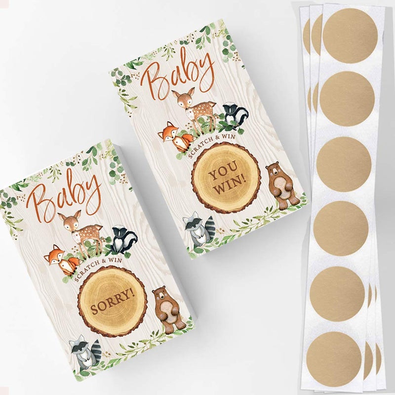 Printed Party Baby Shower Game â€“ Woodland Scratch Off Cards for Boy or Girl, Forest Animal Theme, 30 Cards & Stickers - Image 2